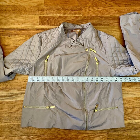 Ellen Tracy Sz Large Cropped Moto Jacket Diagonal Zip Front Quilted Khaki Gold - Picture 9 of 10